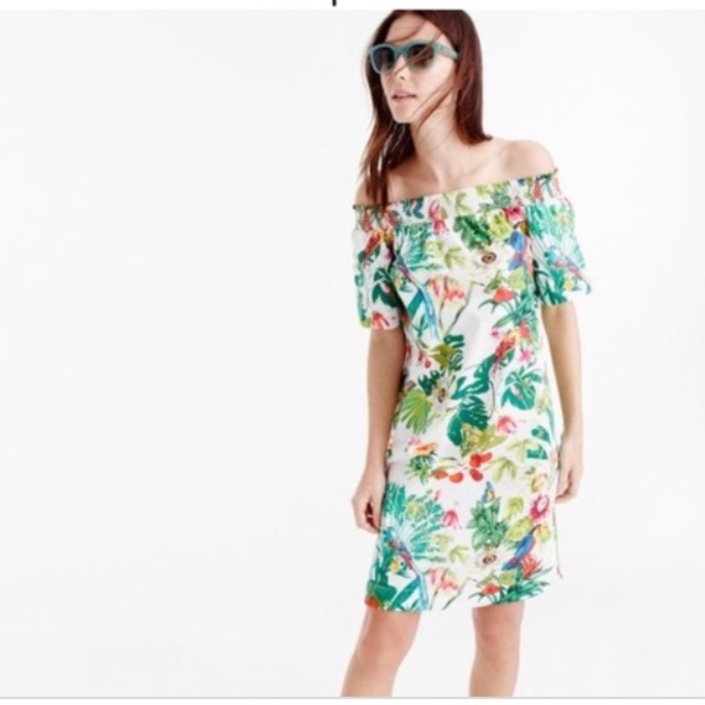 J. Crew Floral Off-Shoulder Midi Dress - Green, Pink, White